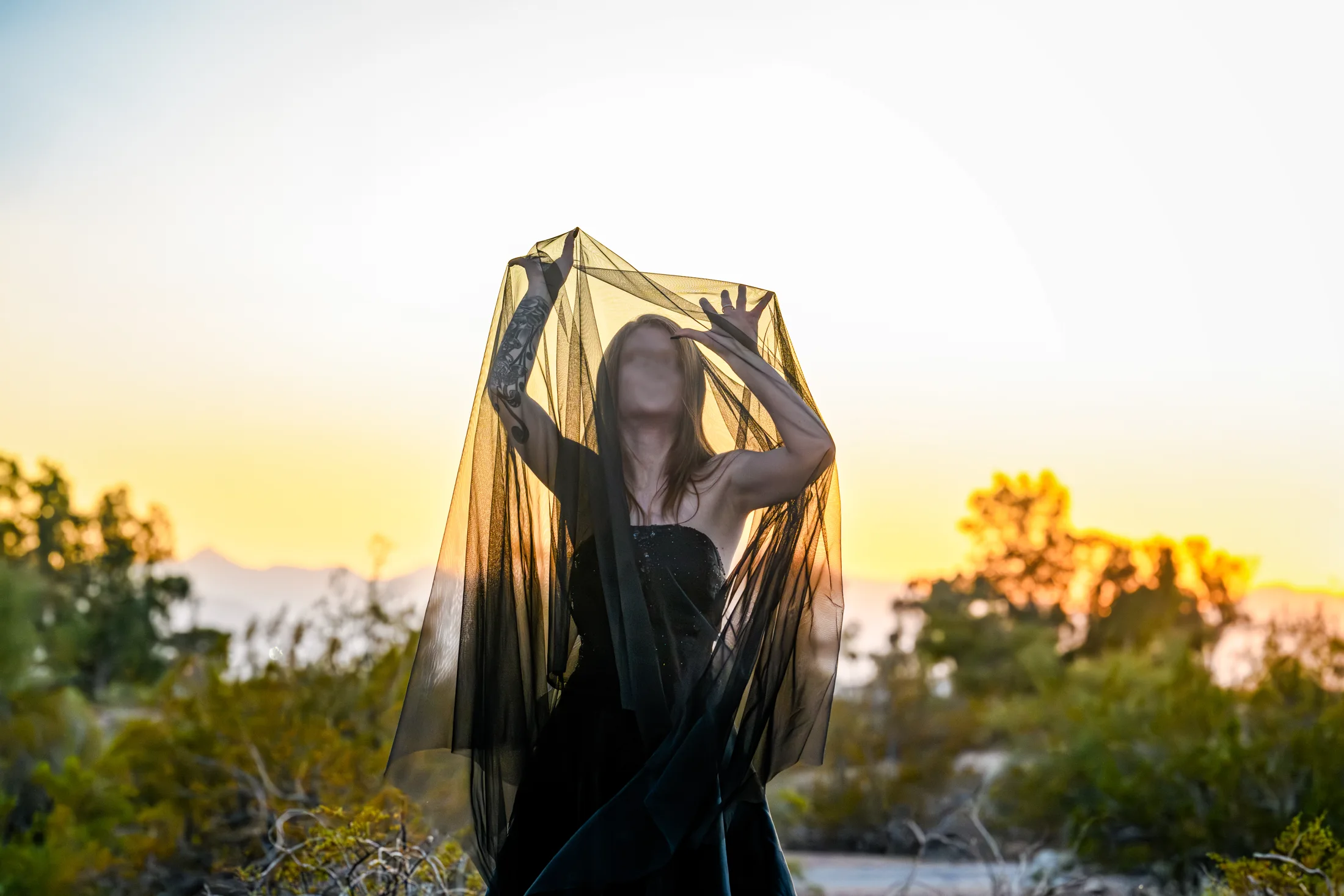 A figure holds a black veil above their head in a desert landscape at sunset.